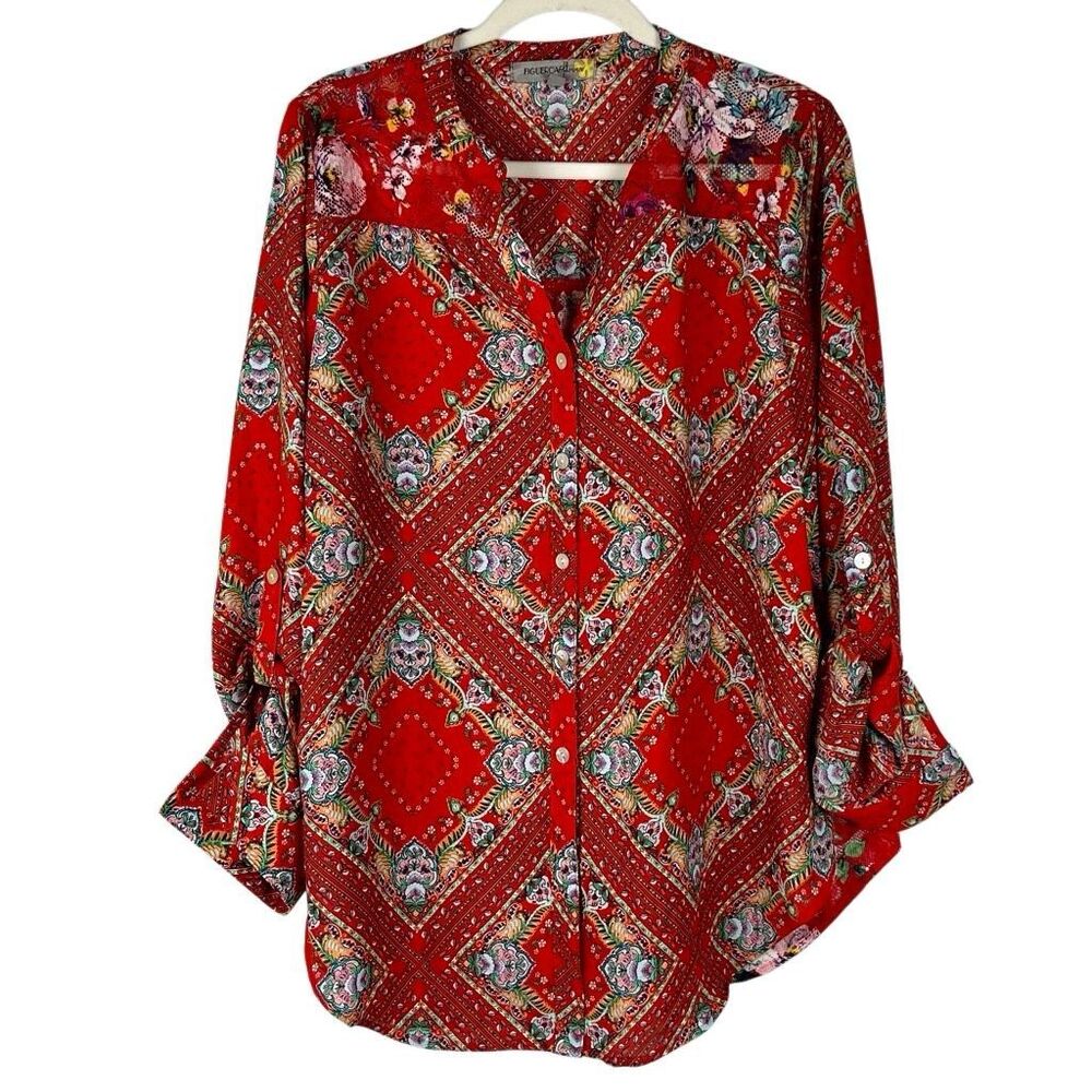 Figueroa & Flower Boho Medallion Patchwork Geometric Blouse XL